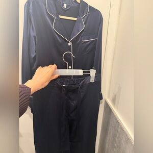 Navy Satin Pajama Set with Contrast Piping - Women's Intimates